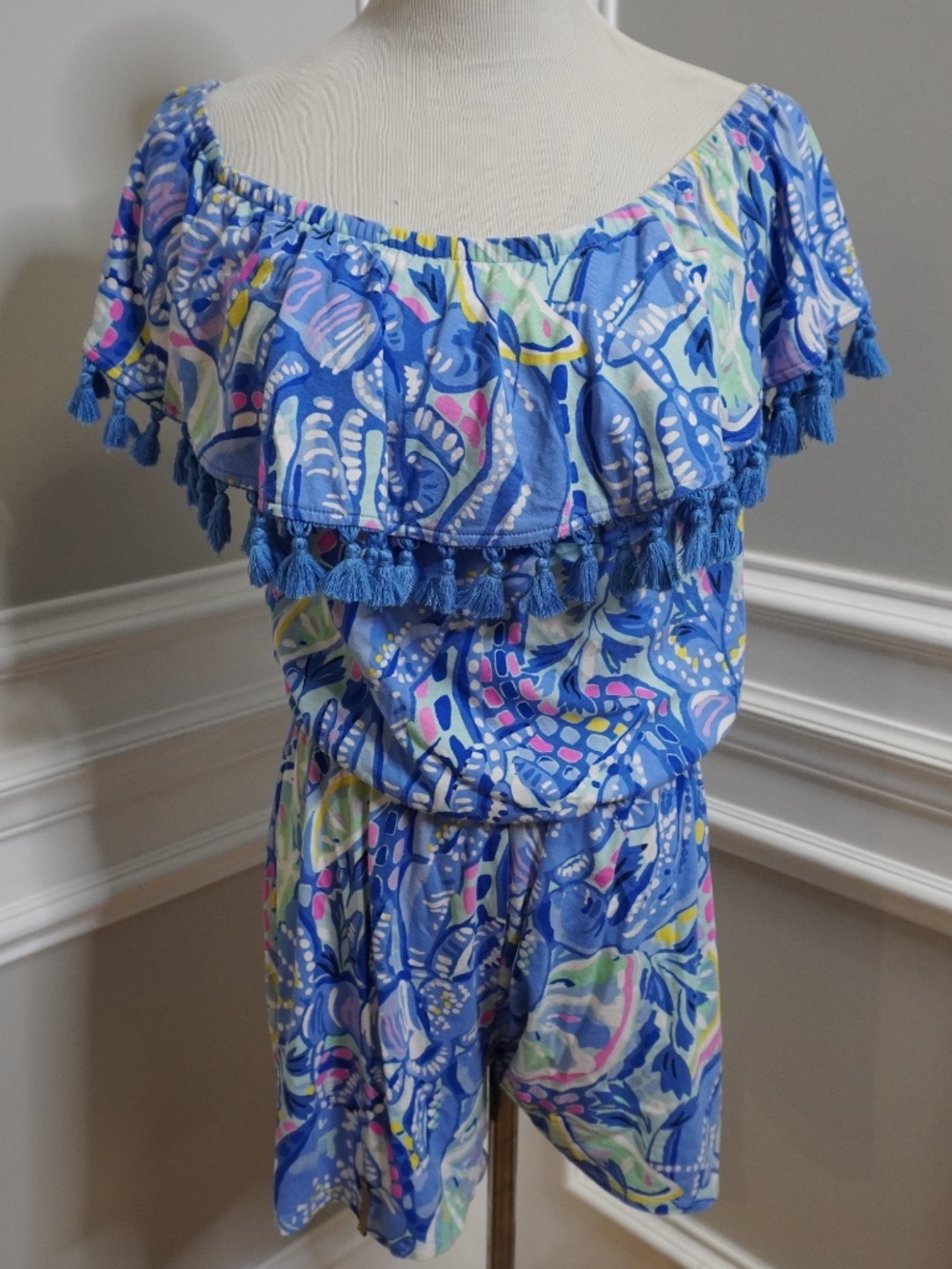 Lilly Pulitzer La Fortuna Blue Peri Pinch Romper Womens Off The Shoulder, Size S